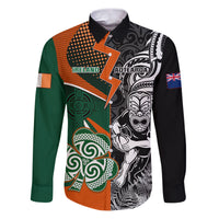 New Zealand and Ireland Rugby Family Matching Puletasi Dress and Hawaiian Shirt Silver Fern With Shamrock 2023 World Cup LT01 Dad's Shirt - Long Sleeve Art - Polynesian Pride