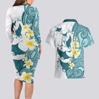 Maori Manta Ray Plumeria Teal Couples Matching Long Sleeve Bodycon Dress and Hawaiian Shirt LT01 - Polynesian Pride