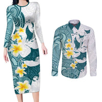 Maori Manta Ray Plumeria Teal Couples Matching Long Sleeve Bodycon Dress and Long Sleeve Button Shirt LT01 Teal - Polynesian Pride
