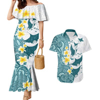 Maori Manta Ray Plumeria Teal Couples Matching Mermaid Dress and Hawaiian Shirt LT01 Teal - Polynesian Pride