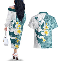 Maori Manta Ray Plumeria Teal Couples Matching Off The Shoulder Long Sleeve Dress and Hawaiian Shirt LT01 - Polynesian Pride