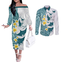 Maori Manta Ray Plumeria Teal Couples Matching Off The Shoulder Long Sleeve Dress and Long Sleeve Button Shirt LT01 Teal - Polynesian Pride