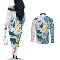 Maori Manta Ray Plumeria Teal Couples Matching Off The Shoulder Long Sleeve Dress and Long Sleeve Button Shirt LT01 - Polynesian Pride