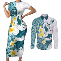 Maori Manta Ray Plumeria Teal Couples Matching Short Sleeve Bodycon Dress and Long Sleeve Button Shirt LT01 Teal - Polynesian Pride