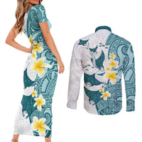 Maori Manta Ray Plumeria Teal Couples Matching Short Sleeve Bodycon Dress and Long Sleeve Button Shirt LT01 - Polynesian Pride