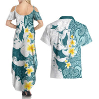 Maori Manta Ray Plumeria Teal Couples Matching Summer Maxi Dress and Hawaiian Shirt LT01 - Polynesian Pride