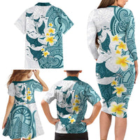 Maori Manta Ray Plumeria Teal Family Matching Long Sleeve Bodycon Dress and Hawaiian Shirt LT01 - Polynesian Pride