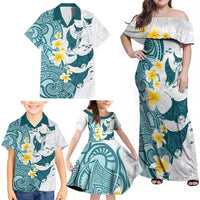 Maori Manta Ray Plumeria Teal Family Matching Off Shoulder Maxi Dress and Hawaiian Shirt LT01 - Polynesian Pride