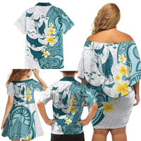 Maori Manta Ray Plumeria Teal Family Matching Off Shoulder Short Dress and Hawaiian Shirt LT01 - Polynesian Pride