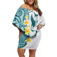 Maori Manta Ray Plumeria Teal Family Matching Off Shoulder Short Dress and Hawaiian Shirt LT01 Mom's Dress Teal - Polynesian Pride