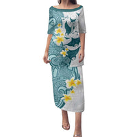 Maori Manta Ray Plumeria Teal Family Matching Puletasi and Hawaiian Shirt LT01 Mom's Dress Teal - Polynesian Pride
