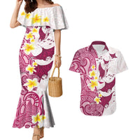 Maori Manta Ray Plumeria Royal Pink Couples Matching Mermaid Dress and Hawaiian Shirt LT01 Pink - Polynesian Pride