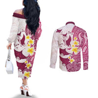 Maori Manta Ray Plumeria Royal Pink Couples Matching Off The Shoulder Long Sleeve Dress and Long Sleeve Button Shirt LT01 - Polynesian Pride