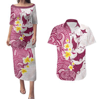 Maori Manta Ray Plumeria Royal Pink Couples Matching Puletasi and Hawaiian Shirt LT01 Pink - Polynesian Pride