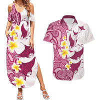 Maori Manta Ray Plumeria Royal Pink Couples Matching Summer Maxi Dress and Hawaiian Shirt LT01 Pink - Polynesian Pride