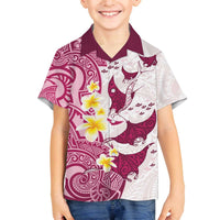 Maori Manta Ray Plumeria Royal Pink Family Matching Off The Shoulder Long Sleeve Dress and Hawaiian Shirt LT01 Son's Shirt Pink - Polynesian Pride
