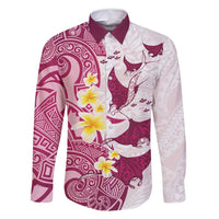 Maori Manta Ray Plumeria Royal Pink Family Matching Summer Maxi Dress and Hawaiian Shirt LT01 Dad's Shirt - Long Sleeve Pink - Polynesian Pride