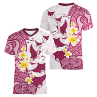 Maori Manta Ray Plumeria Royal Pink Women V-Neck T-Shirt LT01 - Polynesian Pride