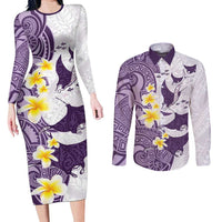 Maori Manta Ray Plumeria Deep Purple Couples Matching Long Sleeve Bodycon Dress and Long Sleeve Button Shirt LT01 Purple - Polynesian Pride