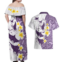 Maori Manta Ray Plumeria Deep Purple Couples Matching Off Shoulder Maxi Dress and Hawaiian Shirt LT01 - Polynesian Pride