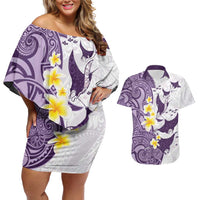 Maori Manta Ray Plumeria Deep Purple Couples Matching Off Shoulder Short Dress and Hawaiian Shirt LT01 Purple - Polynesian Pride