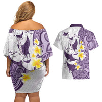Maori Manta Ray Plumeria Deep Purple Couples Matching Off Shoulder Short Dress and Hawaiian Shirt LT01 - Polynesian Pride