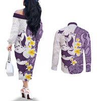 Maori Manta Ray Plumeria Deep Purple Couples Matching Off The Shoulder Long Sleeve Dress and Long Sleeve Button Shirt LT01 - Polynesian Pride