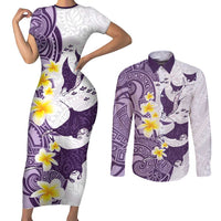 Maori Manta Ray Plumeria Deep Purple Couples Matching Short Sleeve Bodycon Dress and Long Sleeve Button Shirt LT01 Purple - Polynesian Pride