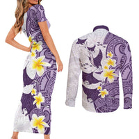 Maori Manta Ray Plumeria Deep Purple Couples Matching Short Sleeve Bodycon Dress and Long Sleeve Button Shirt LT01 - Polynesian Pride