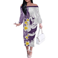 Maori Manta Ray Plumeria Deep Purple Family Matching Off The Shoulder Long Sleeve Dress and Hawaiian Shirt LT01 Mom's Dress Purple - Polynesian Pride