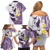 Maori Manta Ray Plumeria Deep Purple Family Matching Off Shoulder Short Dress and Hawaiian Shirt LT01 - Polynesian Pride