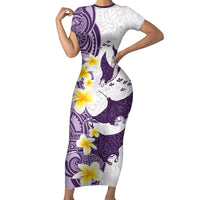Maori Manta Ray Plumeria Deep Purple Family Matching Short Sleeve Bodycon Dress and Hawaiian Shirt LT01 Mom's Dress Purple - Polynesian Pride