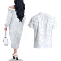 Plumeria Floral White Sunday Couples Matching Off The Shoulder Long Sleeve Dress and Hawaiian Shirt LT01 - Polynesian Pride