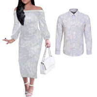 Plumeria Floral White Sunday Couples Matching Off The Shoulder Long Sleeve Dress and Long Sleeve Button Shirt LT01 White - Polynesian Pride