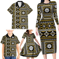 Fiji Masi Tapa Pattern Yellow Family Matching Long Sleeve Bodycon Dress and Hawaiian Shirt LT01 - Polynesian Pride