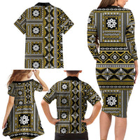 Fiji Masi Tapa Pattern Yellow Family Matching Long Sleeve Bodycon Dress and Hawaiian Shirt LT01 - Polynesian Pride