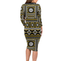 Fiji Masi Tapa Pattern Yellow Family Matching Long Sleeve Bodycon Dress and Hawaiian Shirt LT01 - Polynesian Pride