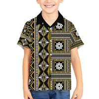 Fiji Masi Tapa Pattern Yellow Family Matching Off The Shoulder Long Sleeve Dress and Hawaiian Shirt LT01 Son's Shirt Yellow - Polynesian Pride