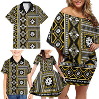 Fiji Masi Tapa Pattern Yellow Family Matching Off Shoulder Short Dress and Hawaiian Shirt LT01 - Polynesian Pride