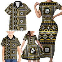 Fiji Masi Tapa Pattern Yellow Family Matching Short Sleeve Bodycon Dress and Hawaiian Shirt LT01 - Polynesian Pride