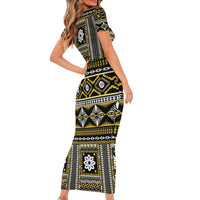 Fiji Masi Tapa Pattern Yellow Family Matching Short Sleeve Bodycon Dress and Hawaiian Shirt LT01 - Polynesian Pride