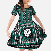 Fiji Masi Tapa Pattern Teal Family Matching Off The Shoulder Long Sleeve Dress and Hawaiian Shirt LT01 Daughter's Dress Teal - Polynesian Pride