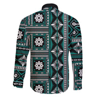 Fiji Masi Tapa Pattern Teal Family Matching Off The Shoulder Long Sleeve Dress and Hawaiian Shirt LT01 - Polynesian Pride
