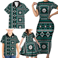 Fiji Masi Tapa Pattern Teal Family Matching Short Sleeve Bodycon Dress and Hawaiian Shirt LT01 - Polynesian Pride