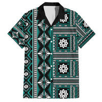 Fiji Masi Tapa Pattern Teal Family Matching Short Sleeve Bodycon Dress and Hawaiian Shirt LT01 Dad's Shirt - Short Sleeve Teal - Polynesian Pride