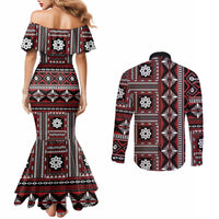Fiji Masi Tapa Pattern Red Couples Matching Mermaid Dress and Long Sleeve Button Shirt - Polynesian Pride