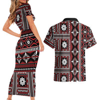Fiji Masi Tapa Pattern Red Couples Matching Short Sleeve Bodycon Dress and Hawaiian Shirt - Polynesian Pride