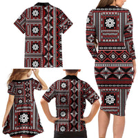 Fiji Masi Tapa Pattern Red Family Matching Long Sleeve Bodycon Dress and Hawaiian Shirt LT01 - Polynesian Pride