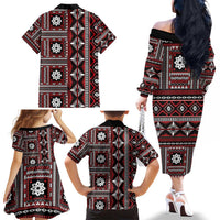 Fiji Masi Tapa Pattern Red Family Matching Off The Shoulder Long Sleeve Dress and Hawaiian Shirt LT01 - Polynesian Pride