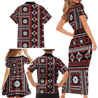 Fiji Masi Tapa Pattern Red Family Matching Short Sleeve Bodycon Dress and Hawaiian Shirt LT01 - Polynesian Pride